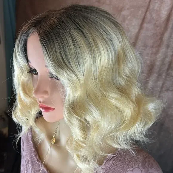 Blonde Ombre Wig Dark Roots Wavy - Picture 6 of 9
